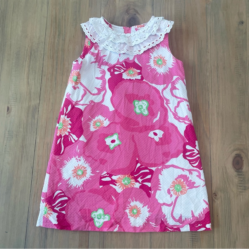 Lilly Pulitzer Dress Girls Size 5 Pink Poppy Textured Lined Lace Ruffle Shift
